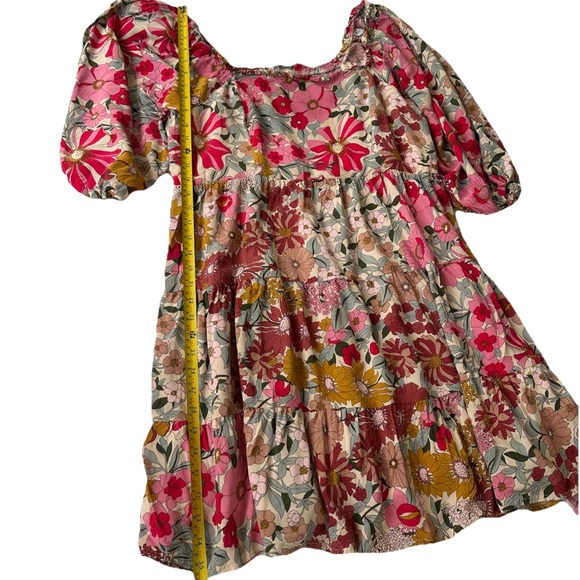 JODIFL Boho Floral Mini Dress Off Shoulder Long Sleeve Pink Yellow Size 1X - Picture 3 of 9